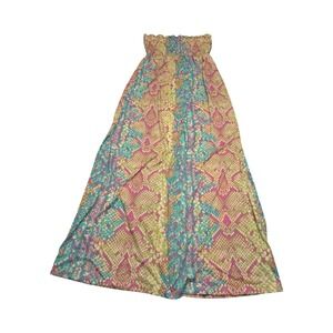 Bongo Womens Small Pink Teal Green Snakeskin Smocked Strapless Maxi Dress y2k